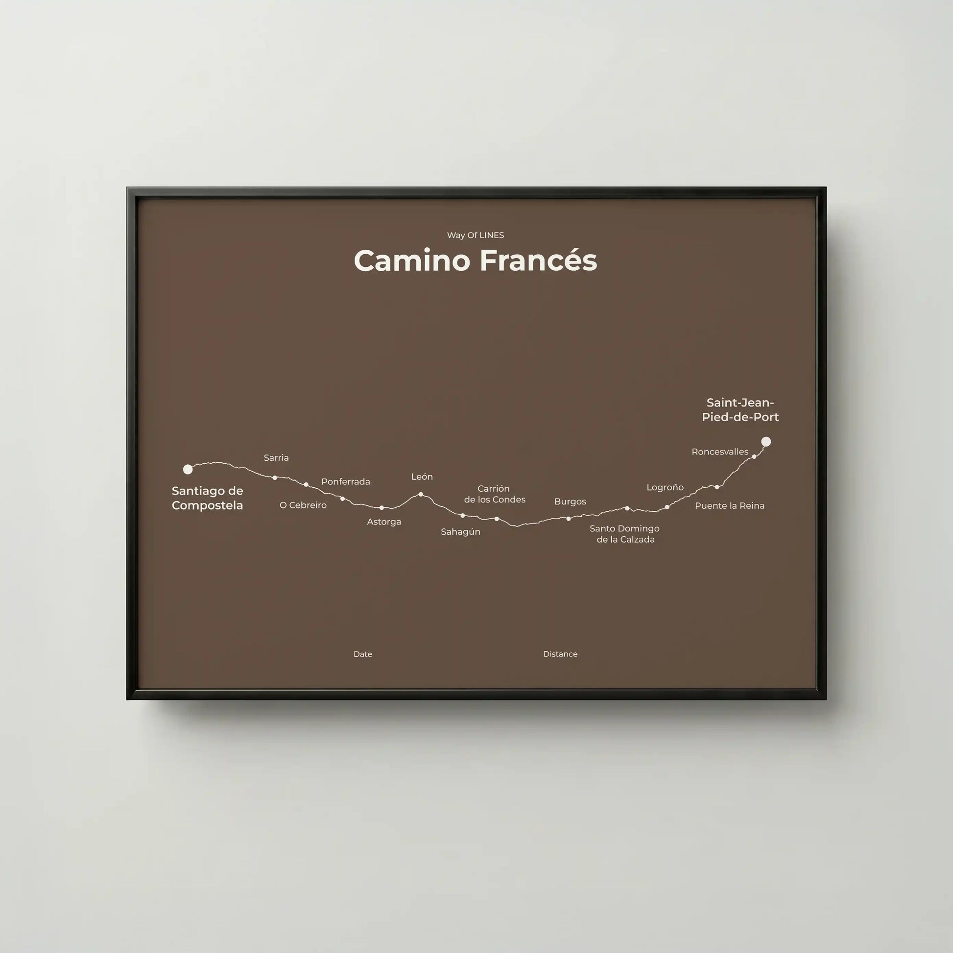 Minimalist Camino Francés map poster in ashen clay color, frame mockup.