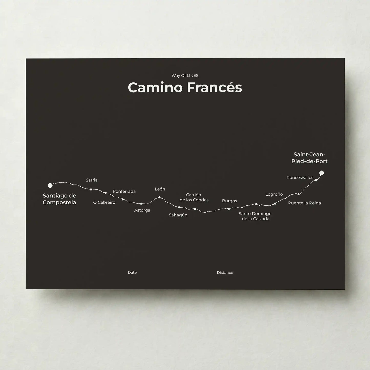 Minimalist Camino Francés map poster in deep bark color.