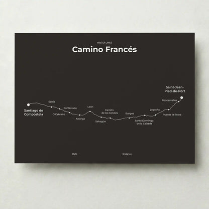 Minimalist Camino Francés map poster in deep bark color.