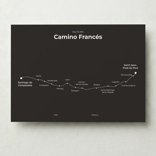 Minimalist Camino Francés map poster in deep bark color.