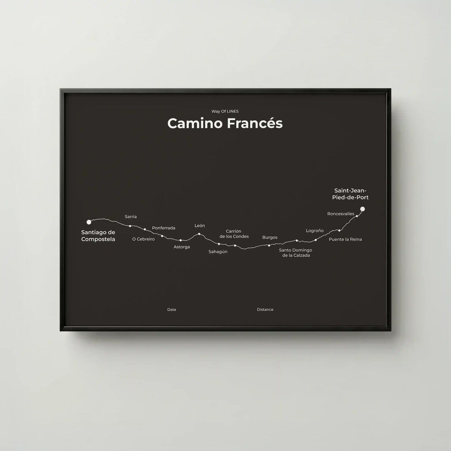 Minimalist Camino Francés map poster in deep bark color, frame mockup.
