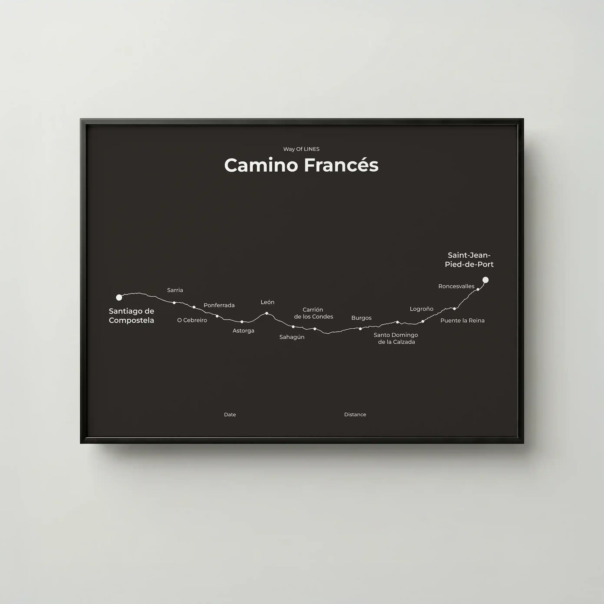 Minimalist Camino Francés map poster in deep bark color, frame mockup.
