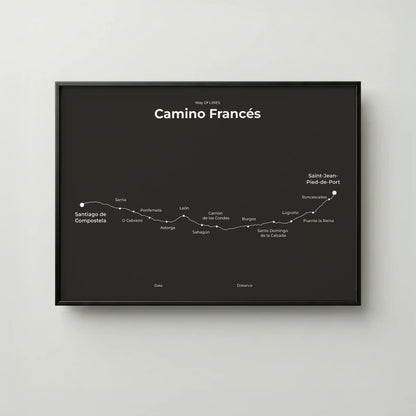 Minimalist Camino Francés map poster in deep bark color, frame mockup.
