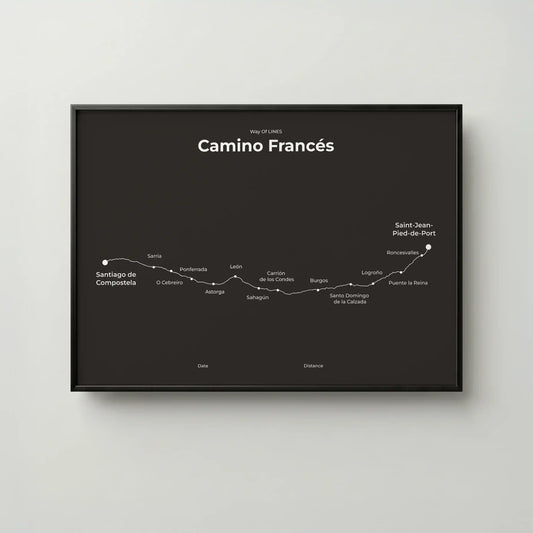 Minimalist Camino Francés map poster in deep bark color, frame mockup.
