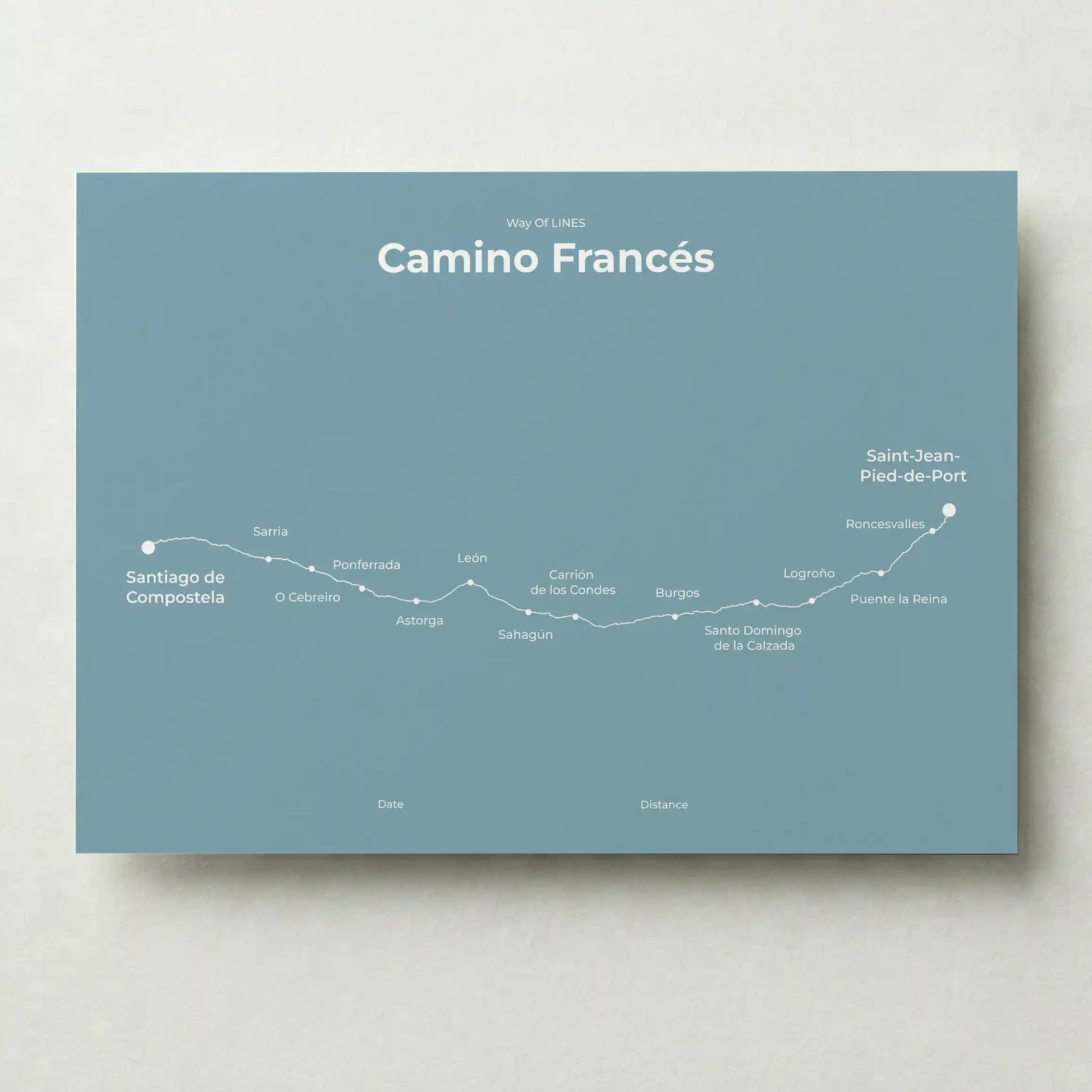 Minimalist Camino Francés map poster in high mist color.