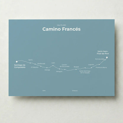 Minimalist Camino Francés map poster in high mist color.