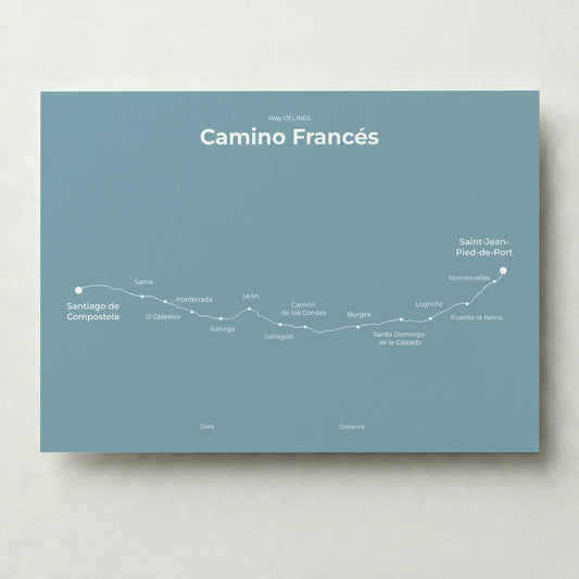 Minimalist Camino Francés map poster in high mist color.