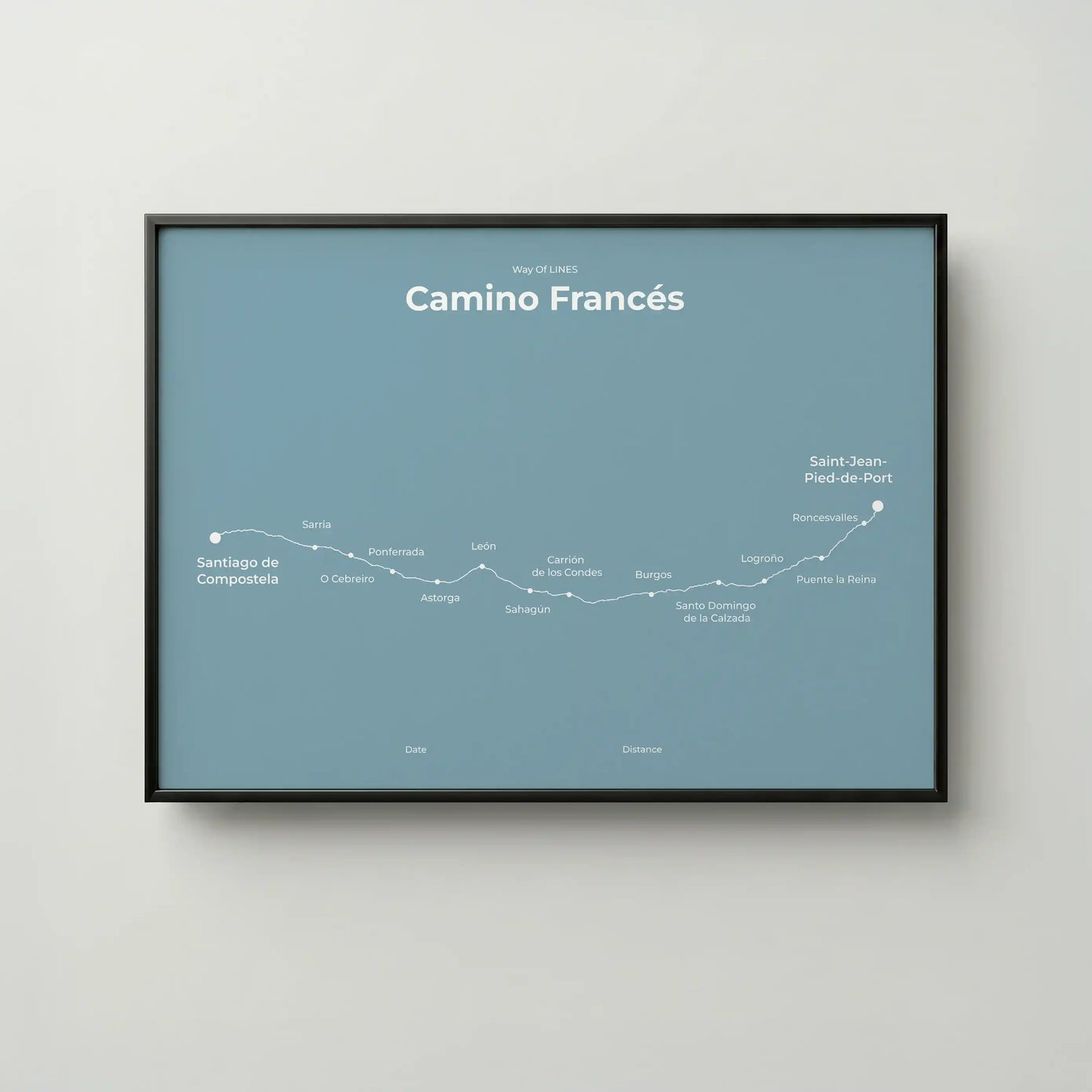 Minimalist Camino Francés map poster in high mist color, frame mockup.