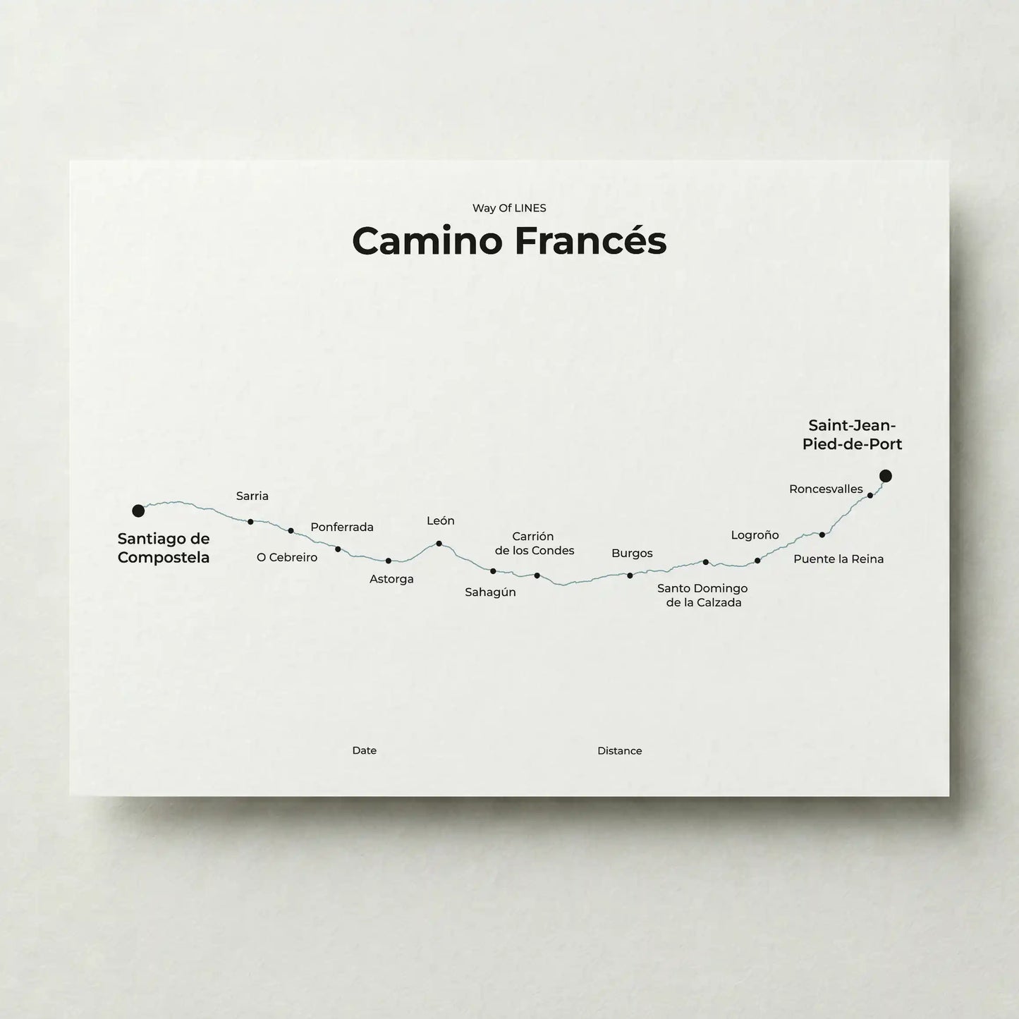 Minimalist Camino Francés map poster in north drift color.