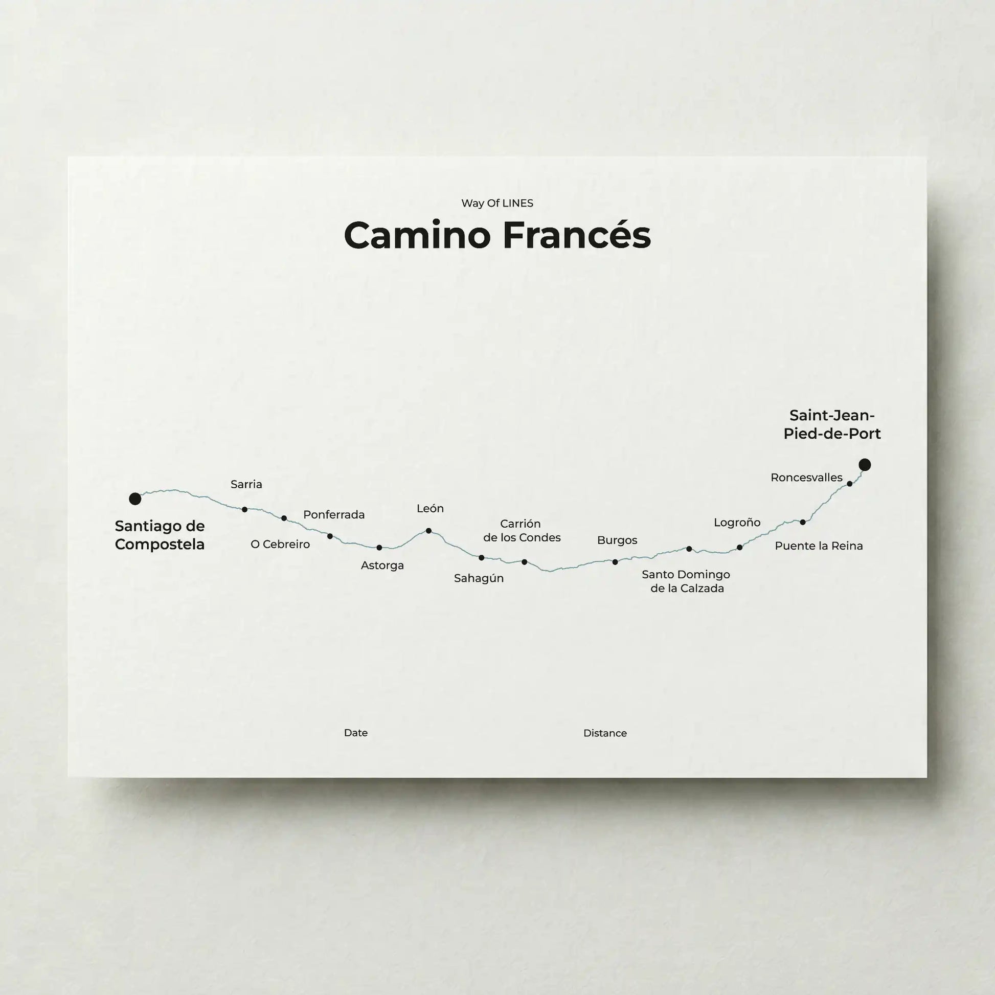 Minimalist Camino Francés map poster in north drift color.