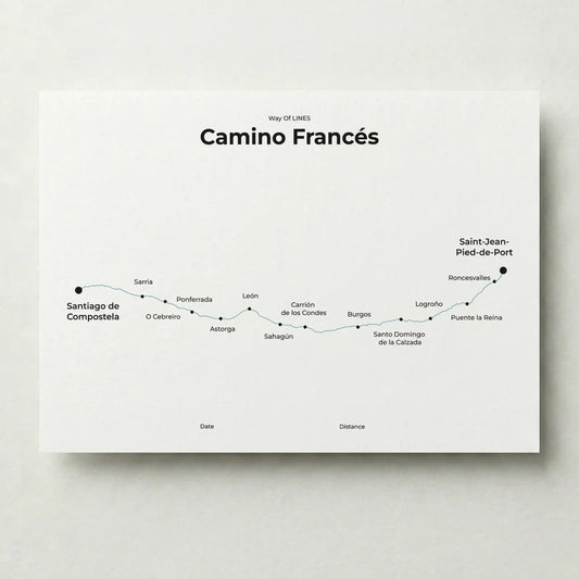 Minimalist Camino Francés map poster in north drift color.