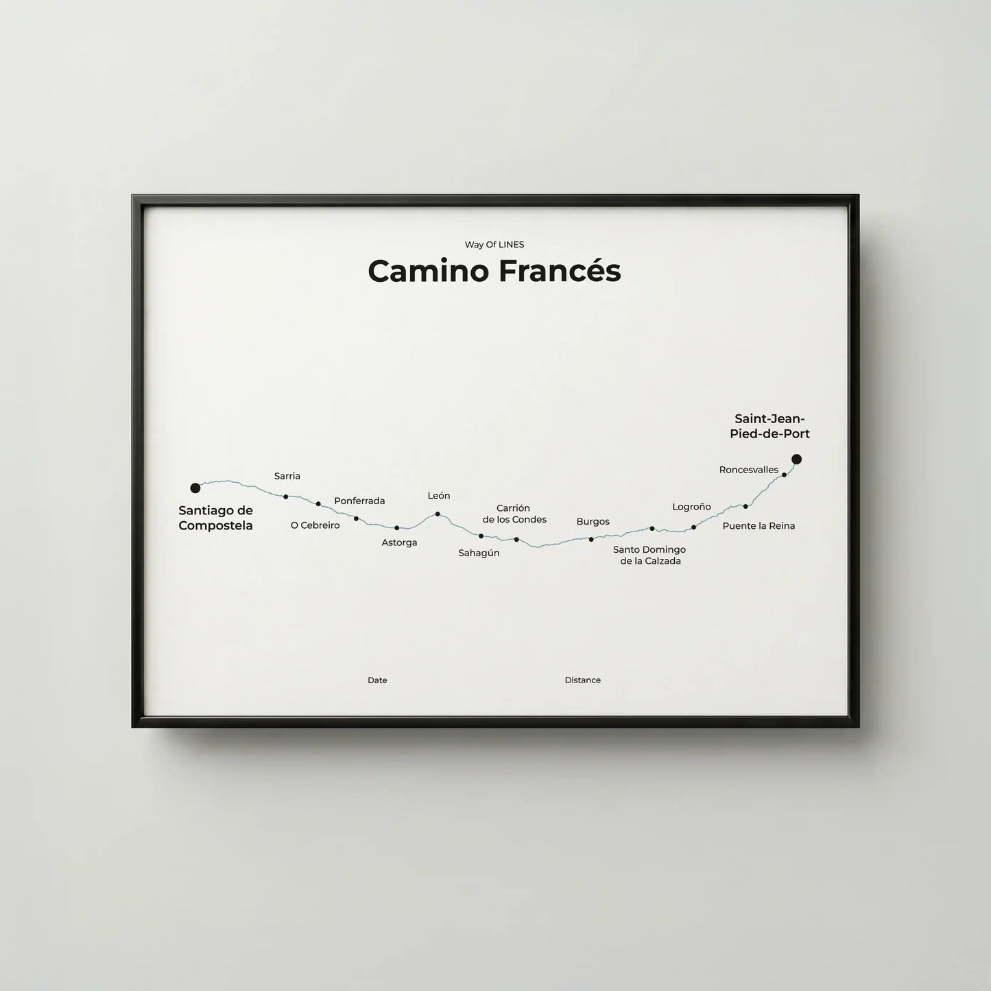 Minimalist Camino Francés map poster in north drift color, frame mockup.