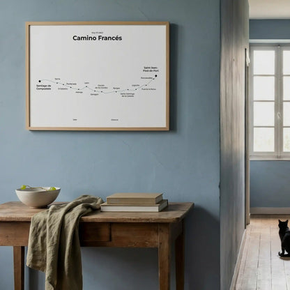 Minimalist Camino Francés map poster in north drift color, interior mockup.
