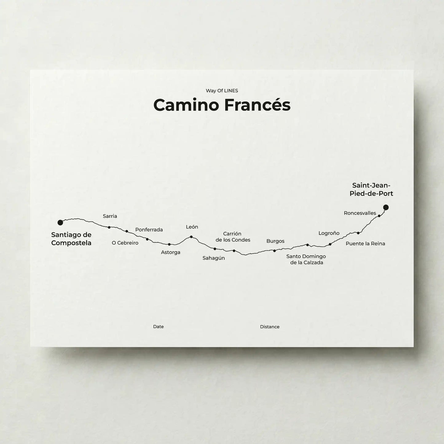 Minimalist Camino Francés map poster in quiet black color.