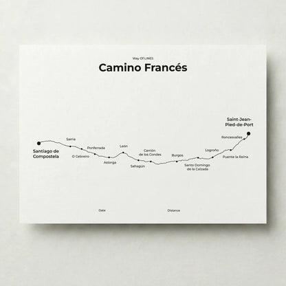 Minimalist Camino Francés map poster in quiet black color.