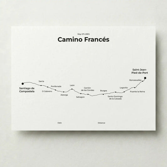 Minimalist Camino Francés map poster in quiet black color.