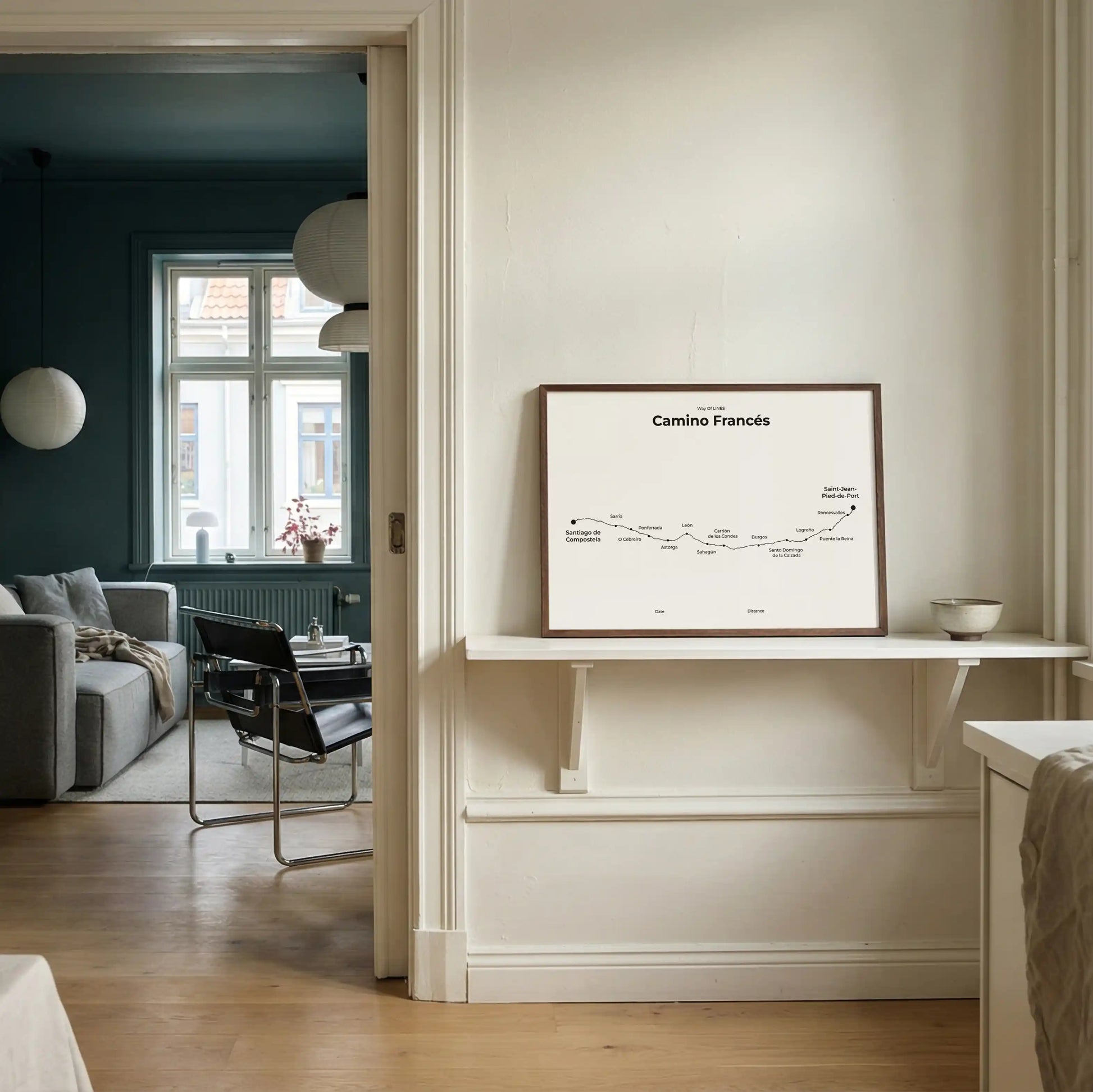 Minimalist Camino Francés map poster in quiet black color, interior mockup.
