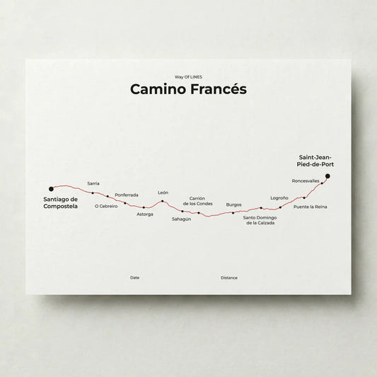 Minimalist Camino Francés map poster in red beacon color.