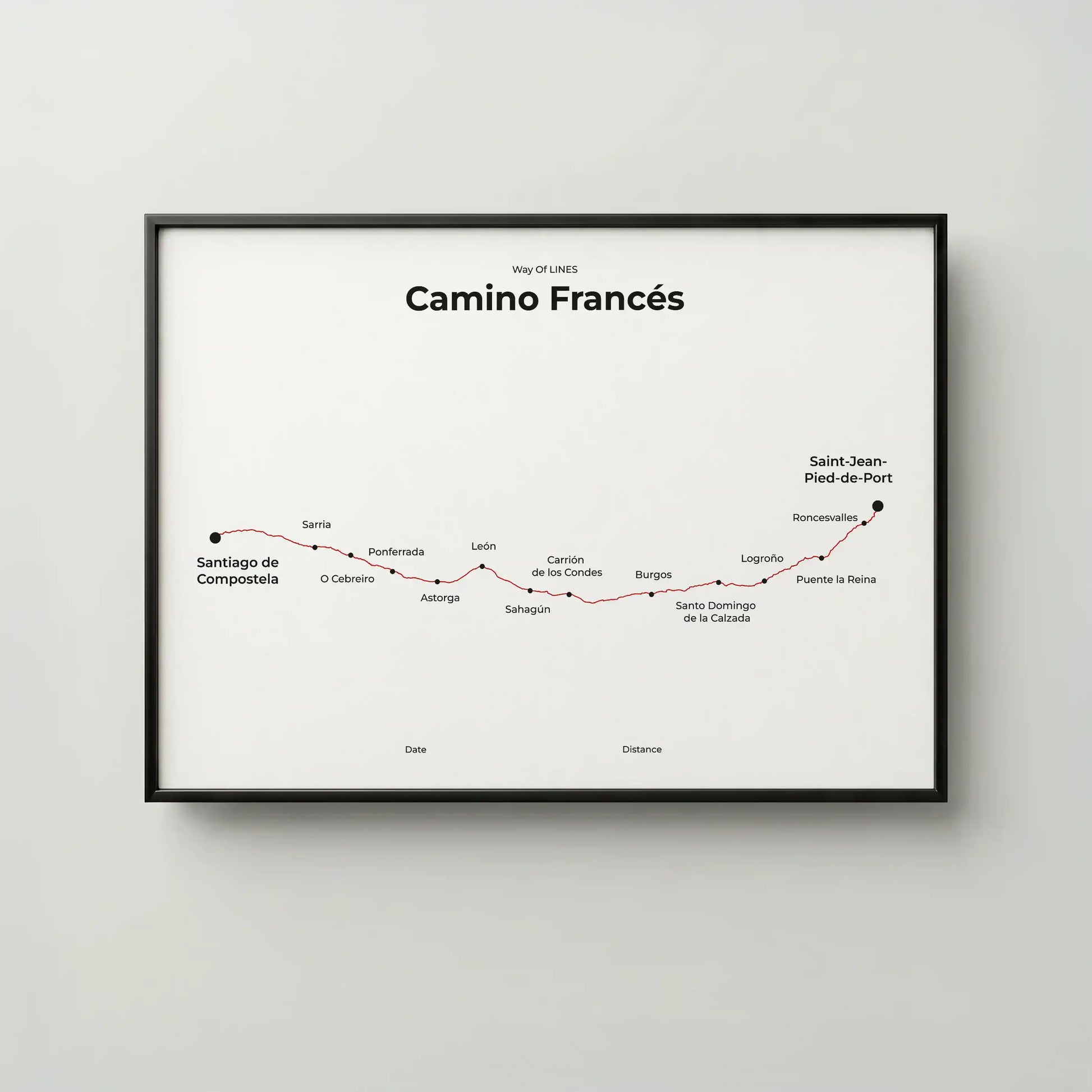 Minimalist Camino Francés map poster in red beacon color, frame mockup.