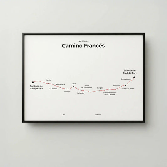 Minimalist Camino Francés map poster in red beacon color, frame mockup.