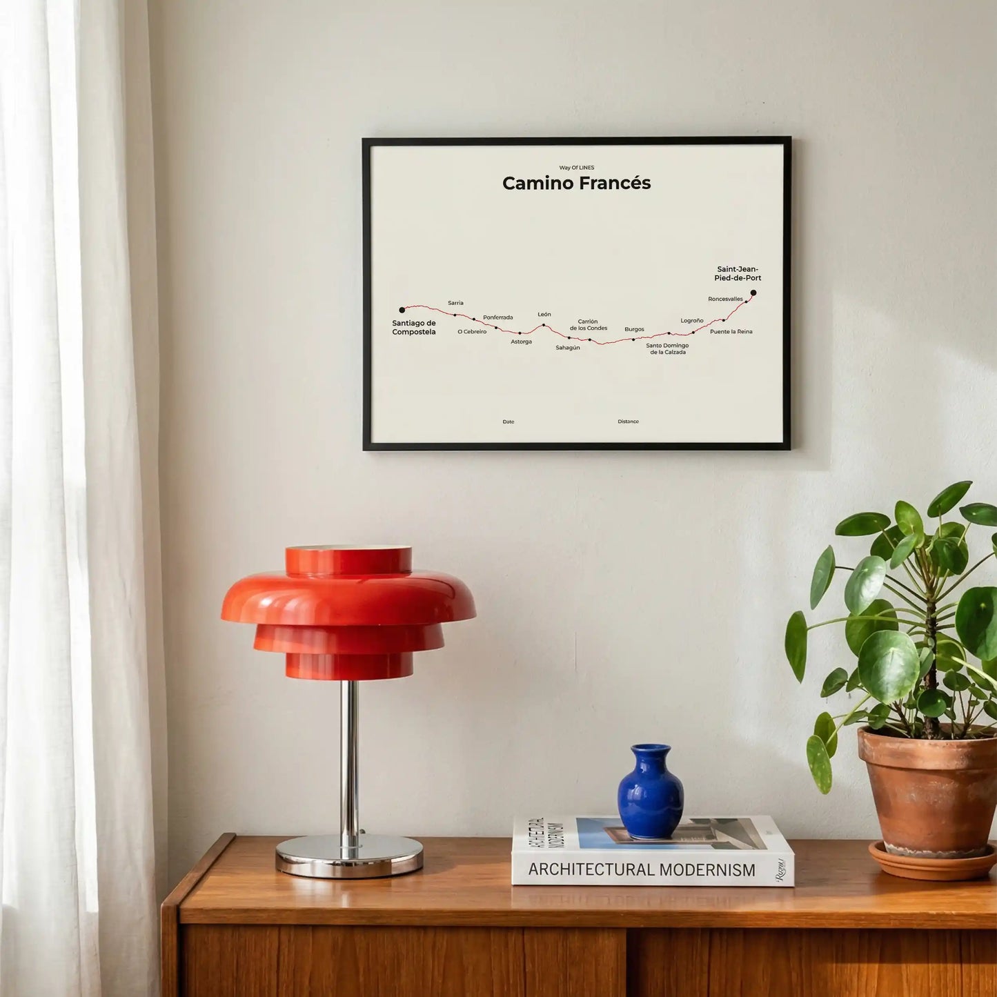 Minimalist Camino Francés map poster in red beacon color, interior mockup.