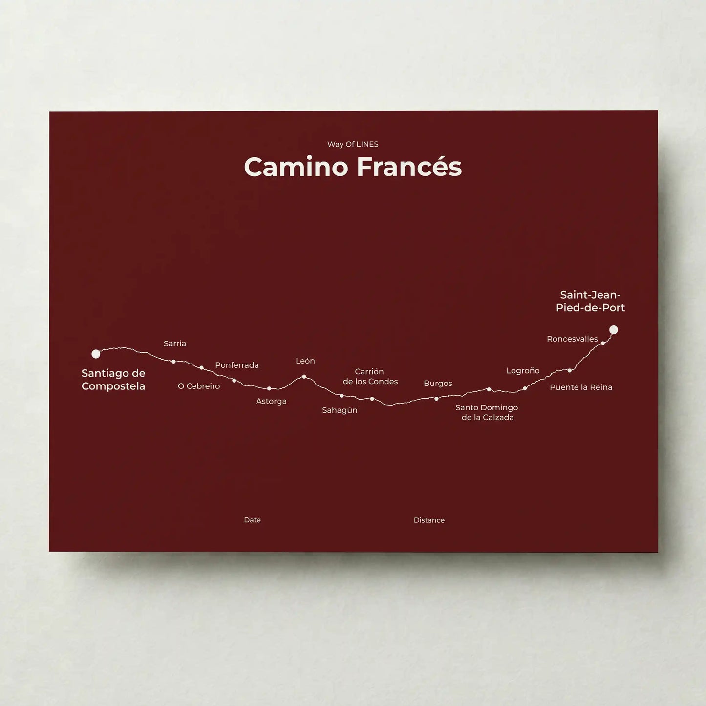 Minimalist Camino Francés map poster in reserve red color.