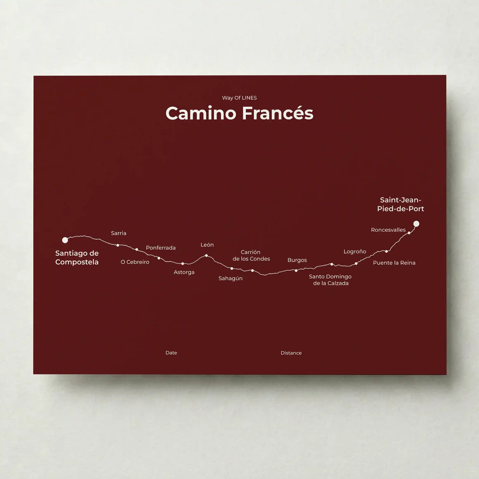 Minimalist Camino Francés map poster in reserve red color.