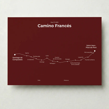 Minimalist Camino Francés map poster in reserve red color.