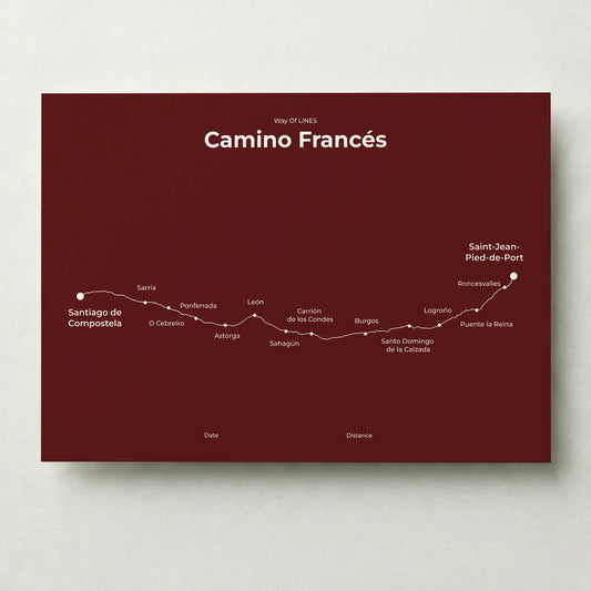 Minimalist Camino Francés map poster in reserve red color.