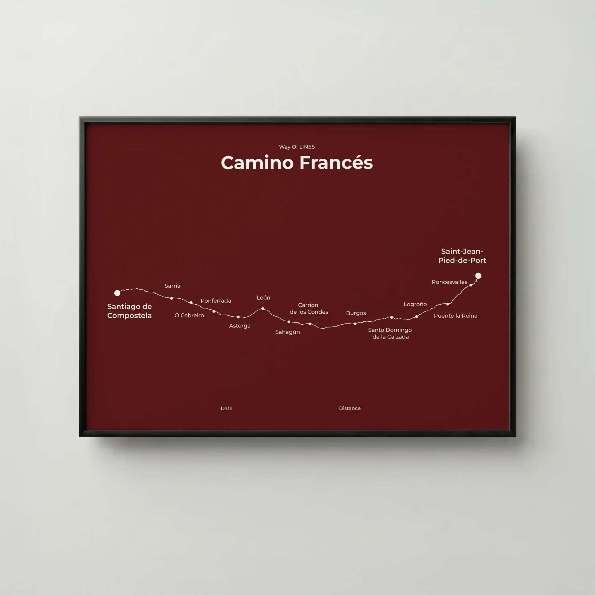 Minimalist Camino Francés map poster in reserve red color, frame mockup.