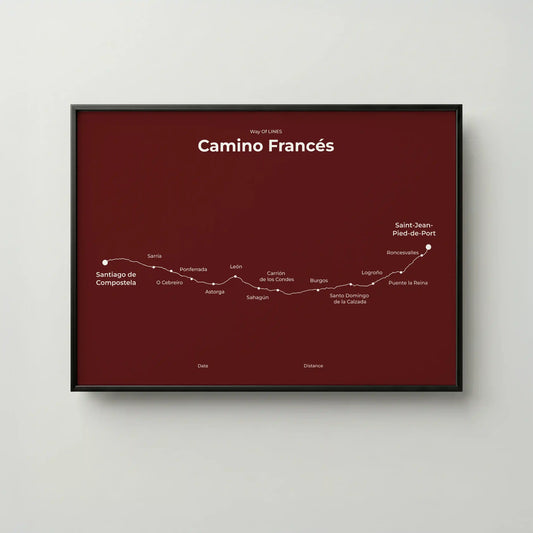 Minimalist Camino Francés map poster in reserve red color, frame mockup.