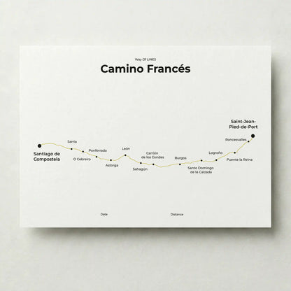Minimalist Camino Francés map poster in sunworn color.