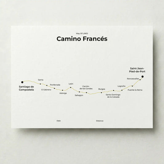 Minimalist Camino Francés map poster in sunworn color.