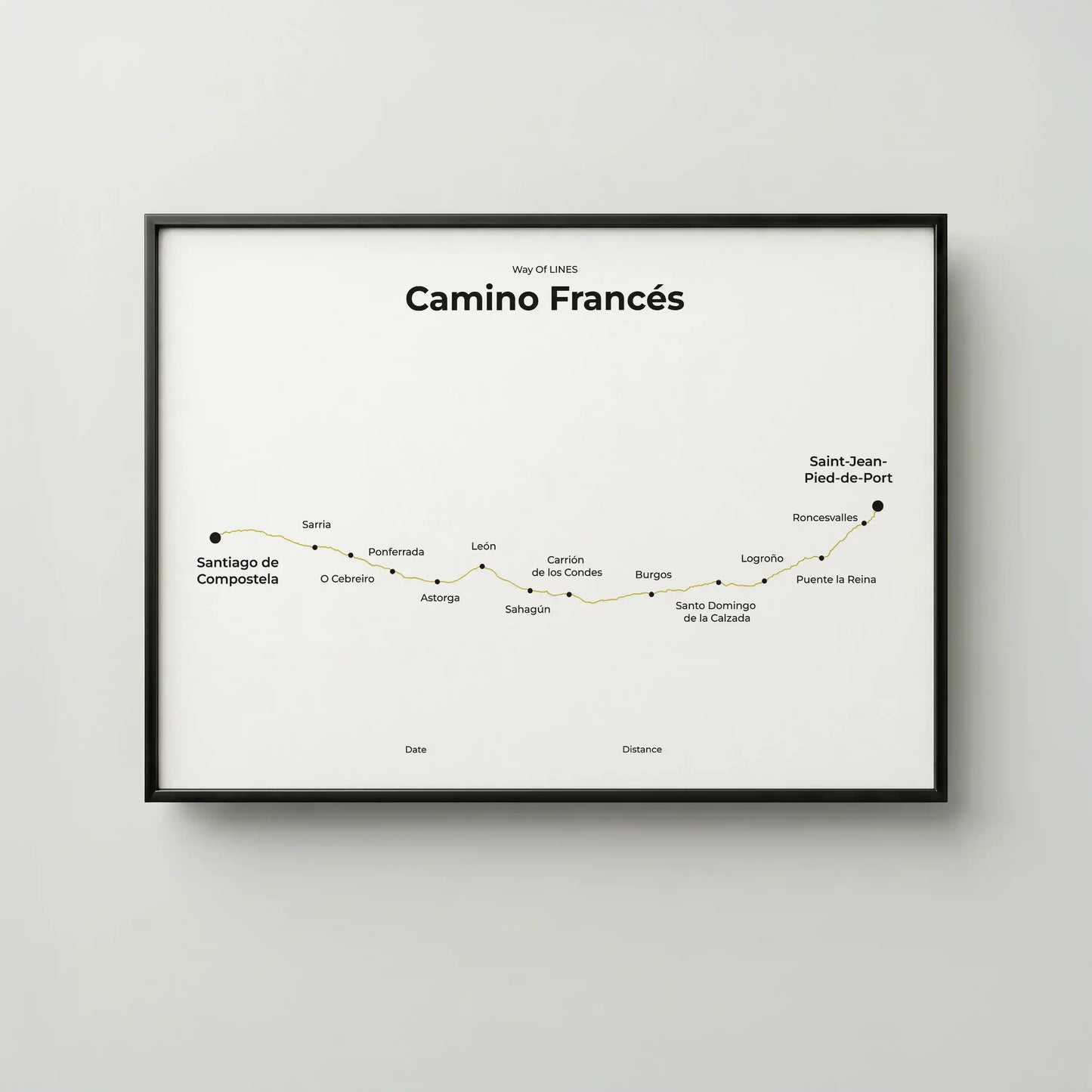 Minimalist Camino Francés map poster in sunworn color, frame mockup.