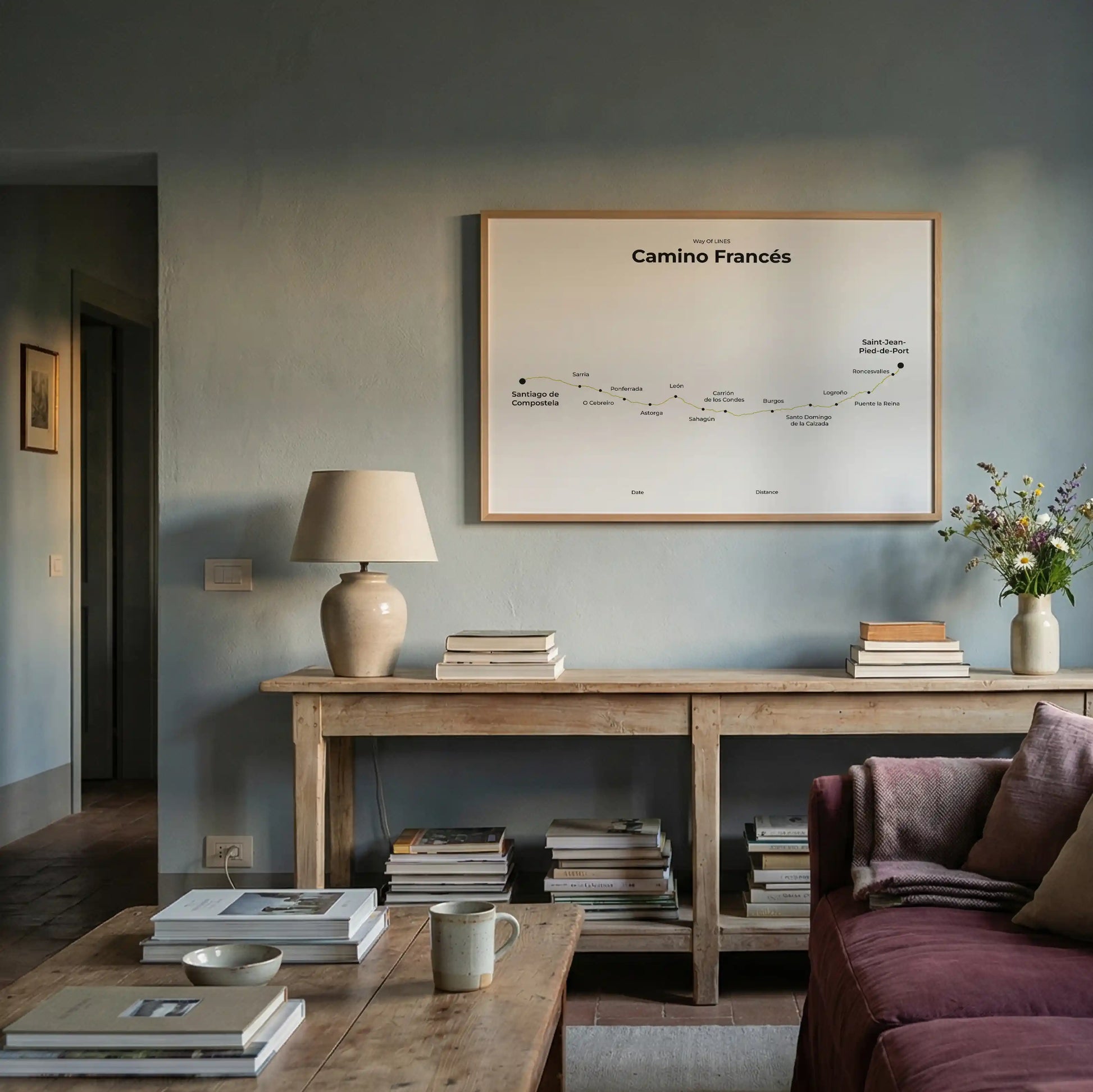 Minimalist Camino Francés map poster in sunworn color, interior mockup.
