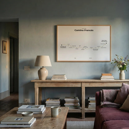 Minimalist Camino Francés map poster in sunworn color, interior mockup.
