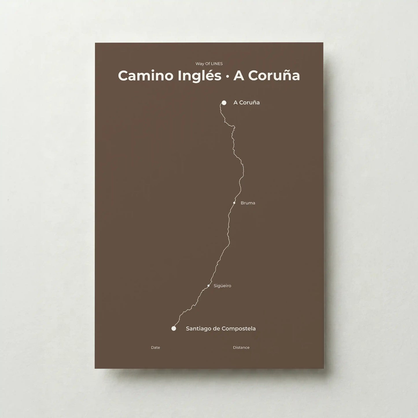 Minimalist Camino Inglés A Coruña to Santiago map poster in ashen clay color.