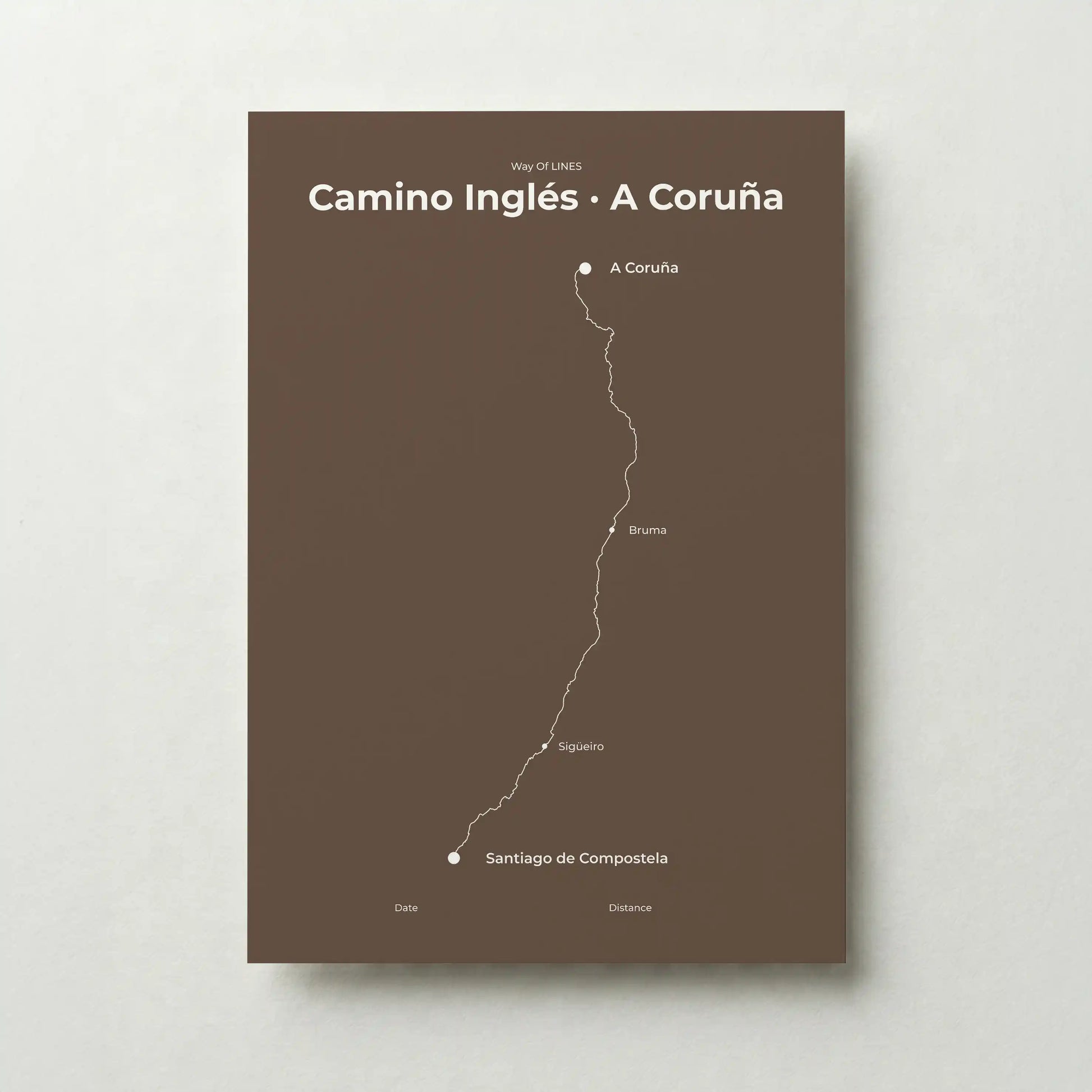 Minimalist Camino Inglés A Coruña to Santiago map poster in ashen clay color.