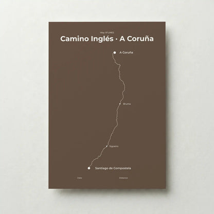 Minimalist Camino Inglés A Coruña to Santiago map poster in ashen clay color.