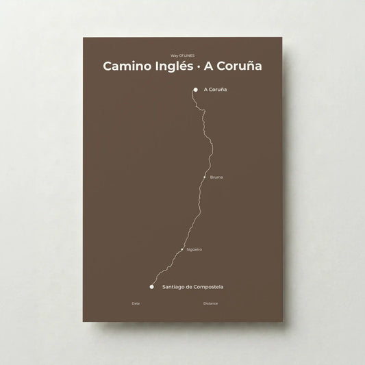 Minimalist Camino Inglés A Coruña to Santiago map poster in ashen clay color.