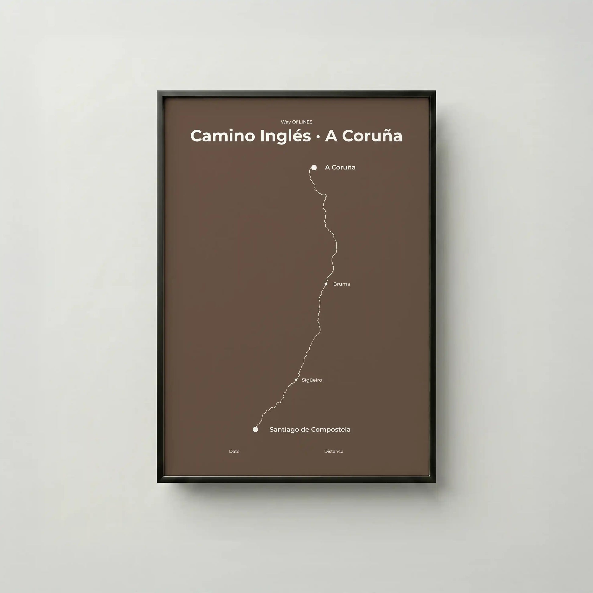 Minimalist Camino Inglés A Coruña to Santiago map poster in ashen clay color, frame mockup.
