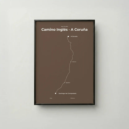 Minimalist Camino Inglés A Coruña to Santiago map poster in ashen clay color, frame mockup.

