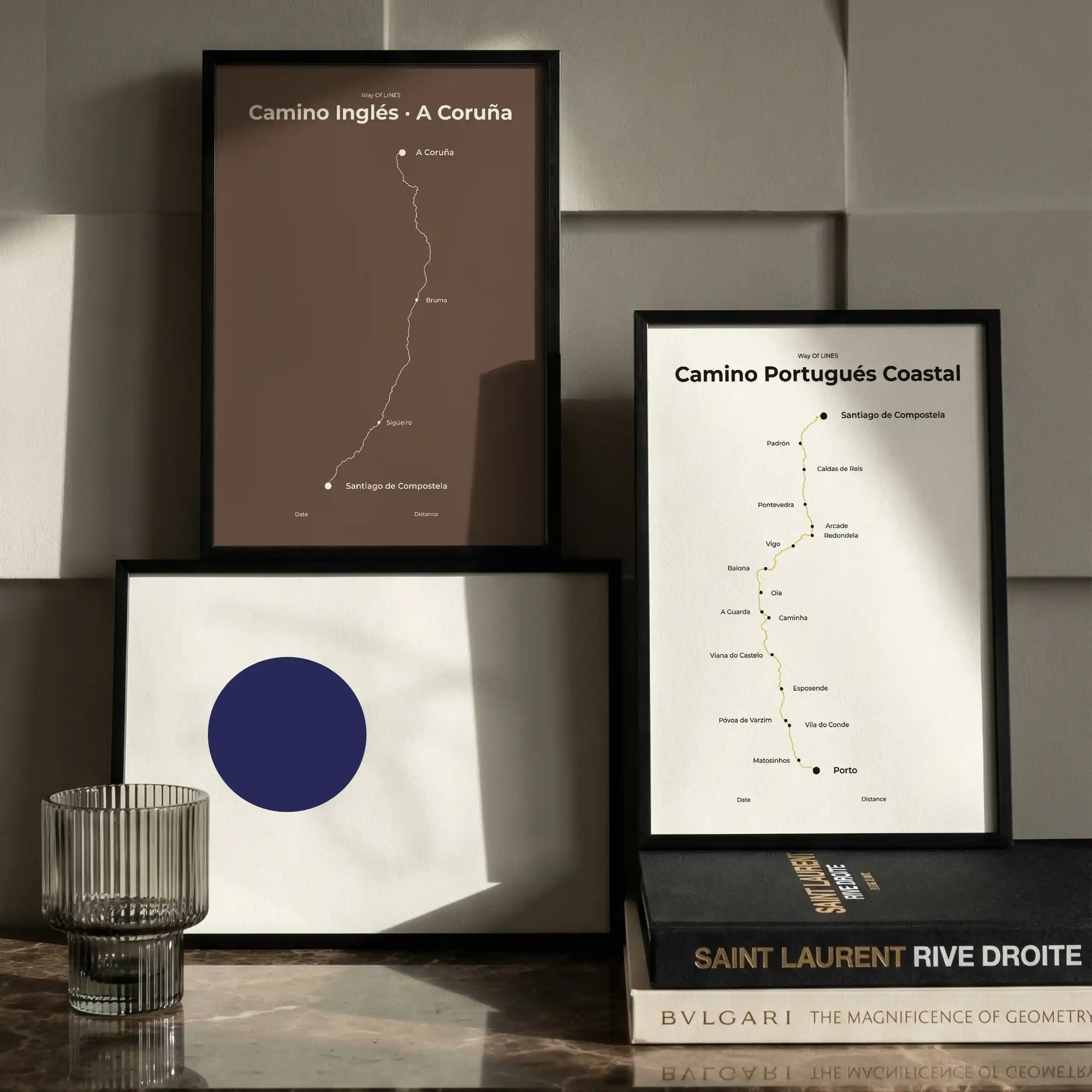 Minimalist Camino Inglés A Coruña and Camino Portugués Coastal map posters, interior mockup.