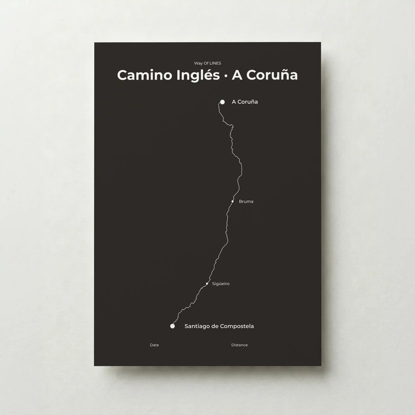 Minimalist Camino Inglés A Coruña to Santiago map poster in deep bark color.
