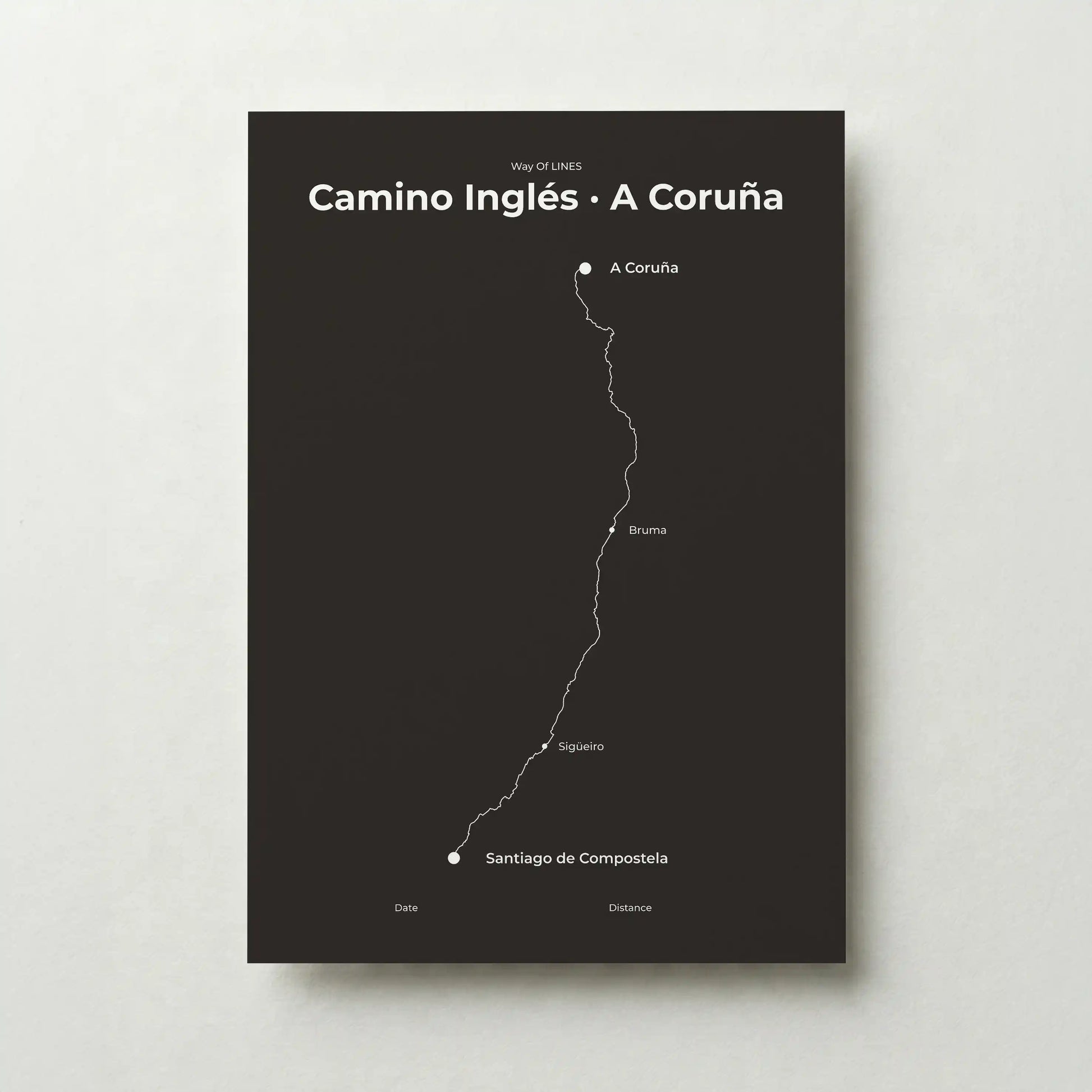 Minimalist Camino Inglés A Coruña to Santiago map poster in deep bark color.