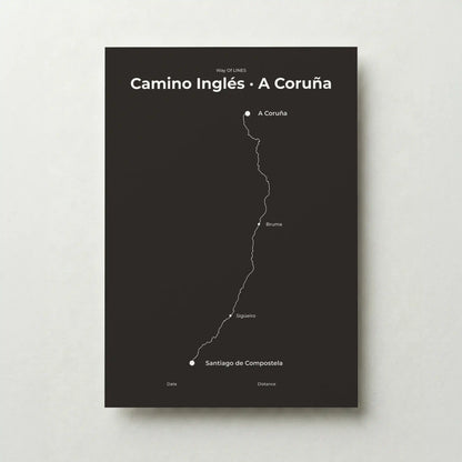 Minimalist Camino Inglés A Coruña to Santiago map poster in deep bark color.