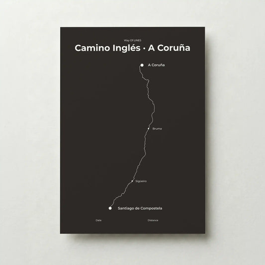 Minimalist Camino Inglés A Coruña to Santiago map poster in deep bark color.
