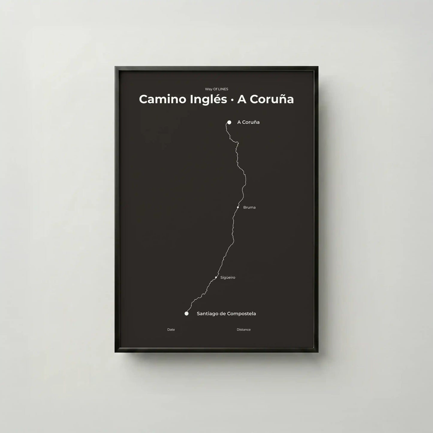 Minimalist Camino Inglés A Coruña to Santiago map poster in deep bark color, frame mockup.
