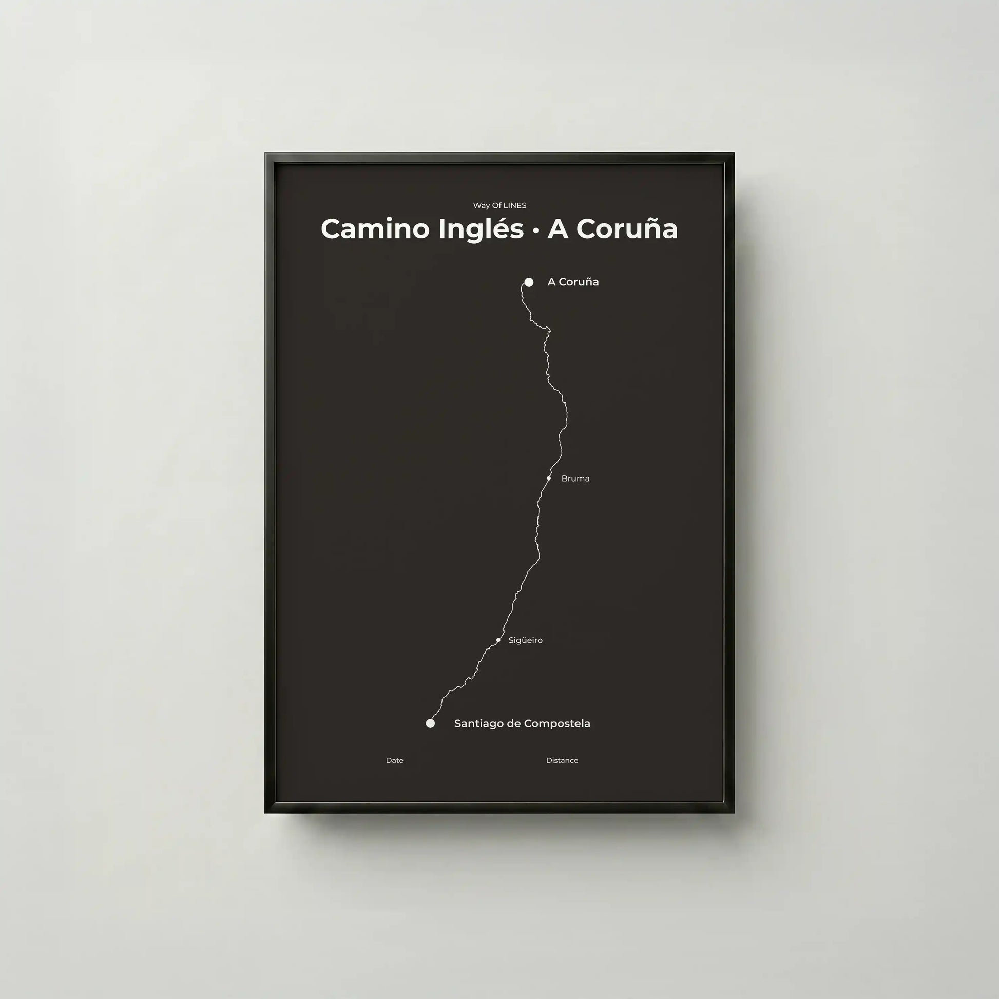 Minimalist Camino Inglés A Coruña to Santiago map poster in deep bark color, frame mockup.
