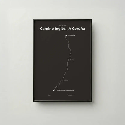 Minimalist Camino Inglés A Coruña to Santiago map poster in deep bark color, frame mockup.

